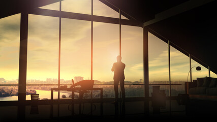 A businessman in his office looks at the cityscape at sunrise.
