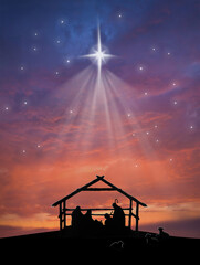Christmas nativity scene of baby Jesus in the manger with Joseph, Mary and shepherds - obrazy, fototapety, plakaty