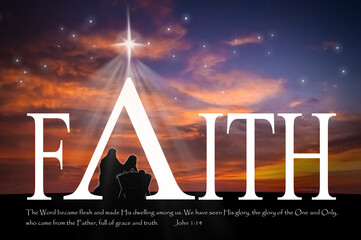 Christmas nativity scene of baby Jesus in the manger with Joseph, Mary and shepherds, faith