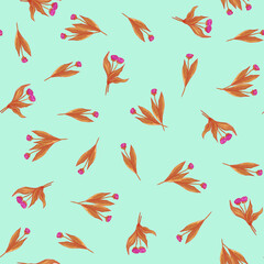 Seamless delicate floral pattern with purple watercolor flowers and brown leaves on a blue background. Vintage. Handmade illustration for postcards, wallpaper, stationery, fabric.