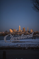 Cleveland Ohio Skyline at sunset from edgewater park in winter