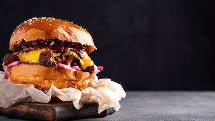 Beef burger with onion and cheese. Copy space. Banner.