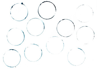 blue shapes of Wine circle and Coffee ring stains. Wine glass marks or coffee cup round stains and...