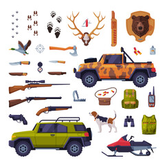 Naklejka premium Hunting Season Attributes Set, Hunter Tackles and Equipment Big Collection Flat Vector Illustration
