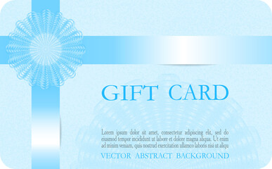 Winter gift card concept. Gentle blue design. Openwork pattern, glowing ribbon. Abstract background. Vector layout for coupon, certificate, voucher, Christmas postcard, invitation. EPS10 illustration