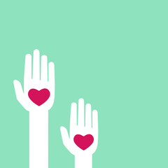 Turquoise background with hands holding hearts. charity, philanthropy, support, giving, help, love concept.