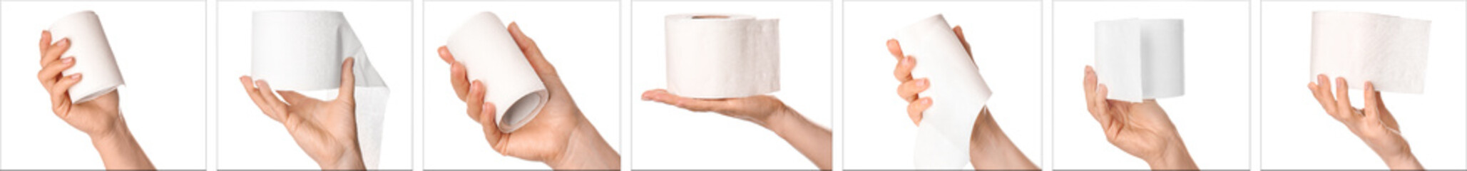 Hands with rolls of toilet paper on white background