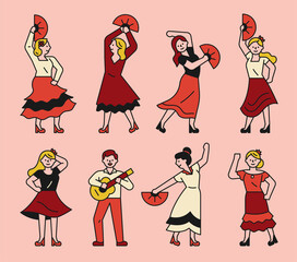 Fototapeta na wymiar Passionate flamenco dancer character collection. flat design style minimal vector illustration.