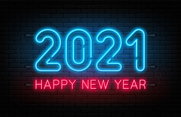 Naklejka na ściany i meble Happy New Year 2021. New Year and Christmas decoration, neon signboard with glowing text. Neon light effect for background, banner, poster and greeting card