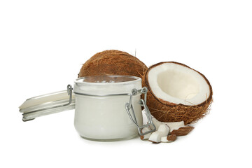 Coconut and jar of coconut milk isolated on white background