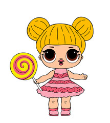 Lol doll with big eyes in pink dress with lolly pop. Vector l.o.l toy picture - 396950806