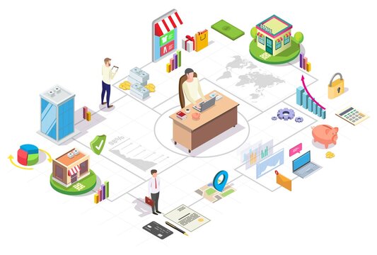 Franchise Business Isometric Flowchart, Flat Vector Illustration. Chain Store Development, Retail Chain, Branch Network, Franchising.