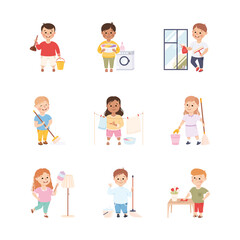 Kid Helping their Parents with Housework Set, Boys and Girls Doing Household Chores, Cleaning Window, Doing Laundry, Sweeping Floor Cartoon Style Vector Illustration