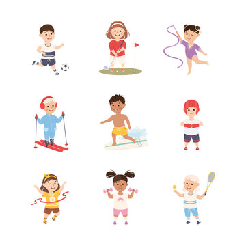 Kids Playing Various Sports Set, Boys and Girls Skiing, Surfboarding, Running, Playing Tennis, Soccer, Active Healthy Lifestyle Concept Cartoon Style Vector Illustration