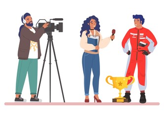 Female journalist, news reporter with microphone and cameraman interviewing race driver, flat vector illustration. Live reportage. Correspondent doing sport interview with car racing champion.