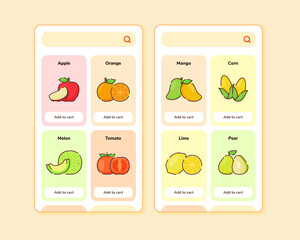 fruit store ui or ux design for mobile apps template screen design with some fruit list like apple orange melon tomato mango corn lime pear