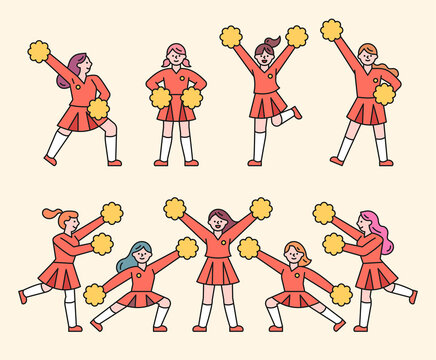 The cheerleaders are cheering with Pom Pom. flat design style minimal vector illustration.