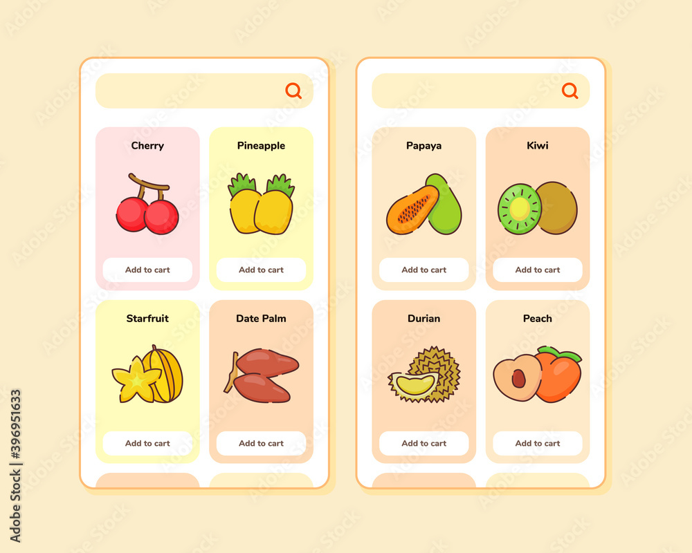 Poster fruit store ui or ux design for mobile apps template screen design with some fruit list like cherry 