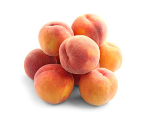 Sweet ripe peaches on white background