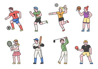 A collection of sports players characters wearing uniforms. flat design style minimal vector illustration.