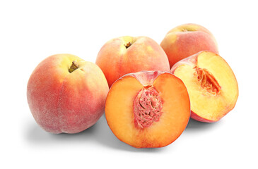 Fototapeta na wymiar Sweet ripe peaches on white background