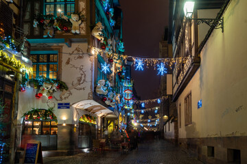 Evening street in Strassbourg, France, Christmas decoration and lights