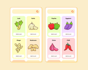 grocery store ui or ux design for mobile apps template screen design with some fruit list like leek garlic ginger mushroom with flat outline style
