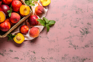 Sweet ripe peaches on grunge background