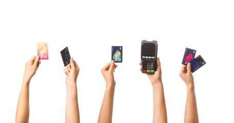 Female hands with credit cards and payment terminal on white background