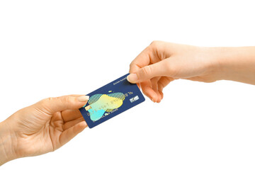 Female hands with credit card on white background