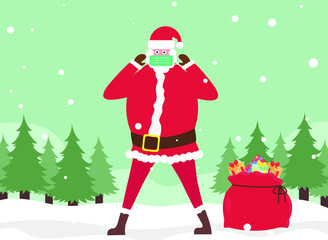 Merry Christmas and happy new year 2021 greeting card with cute Santa Claus wearing face mask