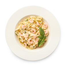 Plate of tasty pasta with shrimps on white background