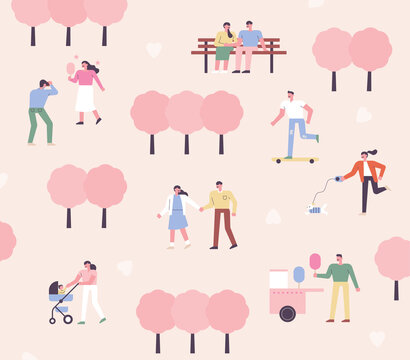 People enjoying the spring park in full bloom with pink cherry blossoms. flat design style minimal vector illustration.