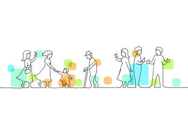 老若男女いろいろな人々が集まる線画イラスト