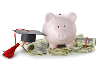 Piggy bank with graduation hat and money on white background. Tuition fees concept