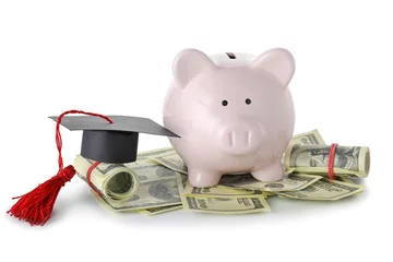 Fotobehang Piggy bank with graduation hat and money on white background. Tuition fees concept © Pixel-Shot