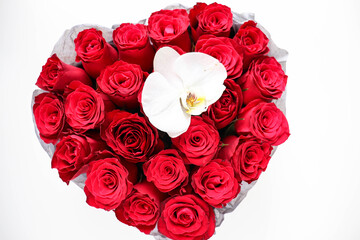 Happy Valentine's Day greeting card. beautiful bouquet of flowers and heart shaped gift box