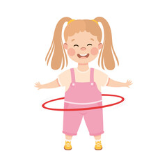 Cute Happy Girl Spinning Hula Hoop around her Waist, Kid Doing Sports, Active Healthy Lifestyle Concept Cartoon Style Vector Illustration