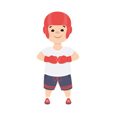 Cute Boy Athlete Practicing Box, Kid Doing Sports, Active Healthy Lifestyle Concept Cartoon Style Vector Illustration