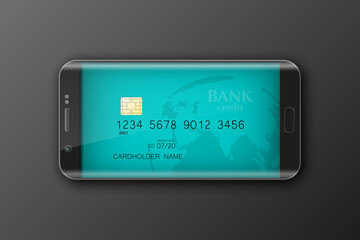 Smartphone banner & credit card. Advertising promo poster phone & bank card icon. Communicator PDA Electronic money funds transfer. Plastic card software. Update banking icon. Debit card with chip