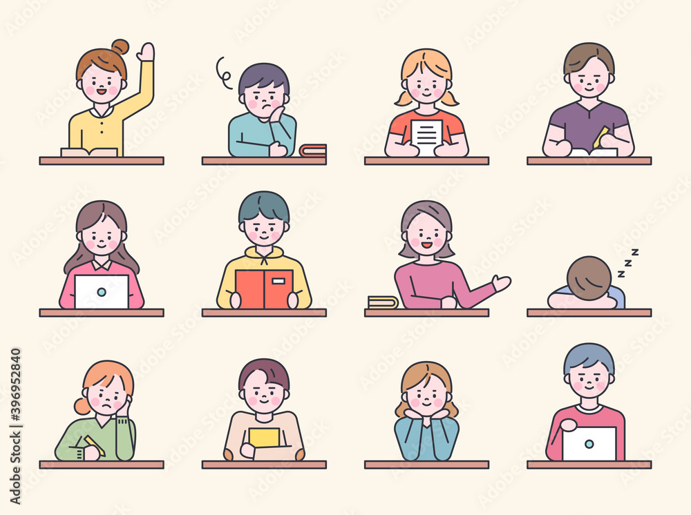 Poster students sitting at desks in school class. each one is doing different things. flat design style min