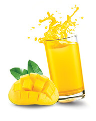 Mango juice splash out of glass with mango fruit on white background