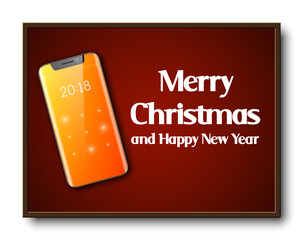 Greeting card Merry Christmas and Happy New Year holiday cellular telephone banner. Festive card congratulation Christmas holiday new model mobile phone, smartphone icon on school board, communicator