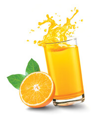 Naklejka na ściany i meble Orange juice splash out of glass with orange fruit on white background