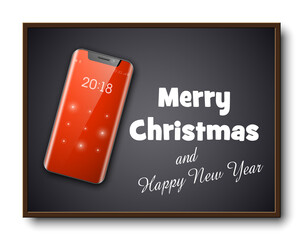 Greeting card Merry Christmas and Happy New Year holiday cellular telephone banner. Festive card congratulation Christmas holiday new model mobile phone, smartphone icon on school board, communicator