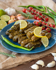 Stuffed grape leaves with olive oil - healthy food appetizer