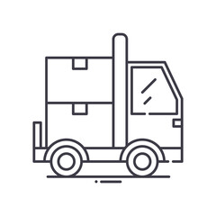 Moving truck concept icon, linear isolated illustration, thin line vector, web design sign, outline concept symbol with editable stroke on white background.