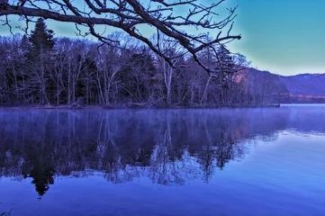 Foto auf Leinwand 初冬の朝の湖。湖畔の森の木々、湖面にうっすらと漂う朝靄。 © Masa Tsuchiya