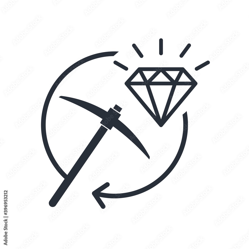 Poster pickaxe and diamond. business concept of successful work. acquisition of useful experience and knowl