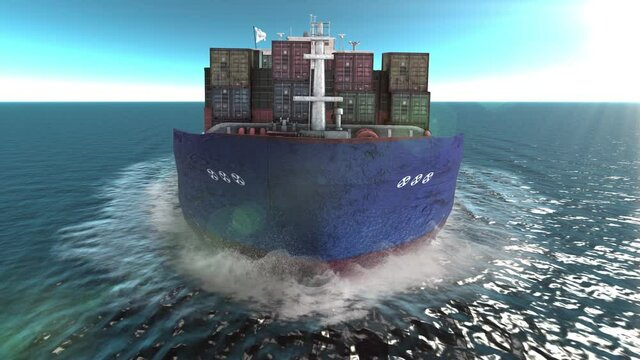 Front view -Cargo ship with containers sailing in the open blue sea
, Freight Shipping export and import concept, container ship carries cargo across the ocean. Transportation. Delivery. Logistics.
